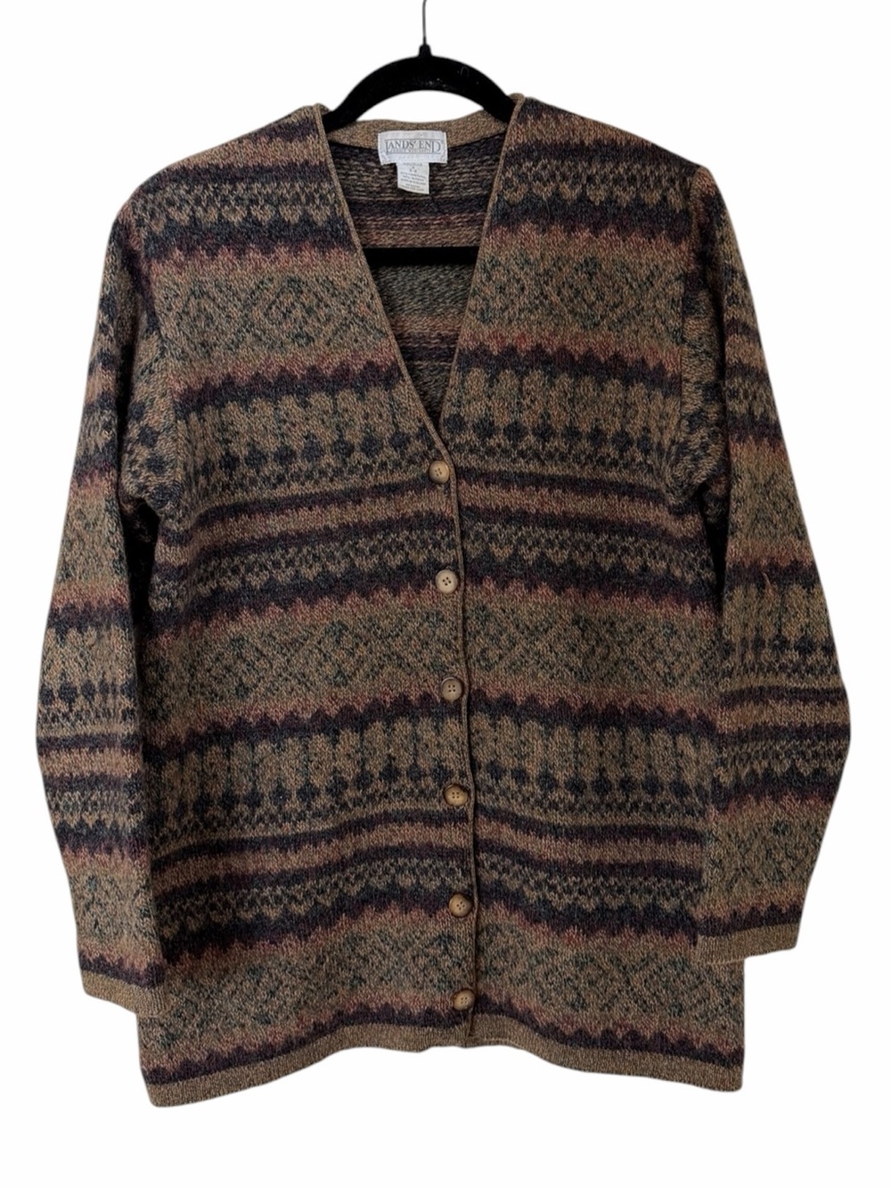 Vintage Lands End Brown Patterned V-Neck Button Cardigan Sweater